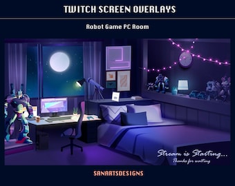 Animated Stream Screens Robot Game Room, Animated Twitch Screen Overlays Robot PC Room for Streamers, OBS, Streamlabs, StreamElements, TROVO