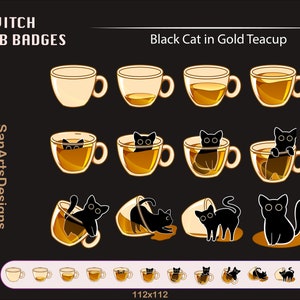 Zwarte kat in gouden theekopje Twitch Sub Badges, schattige zwarte kat theekopje Twitch Sub Badges, Kawaii Sub Bit Badges voor Streamer, YouTuber, Discord