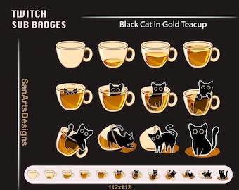 Black Cat in Gold Teacup Twitch Sub Badges, Cute Black Cat Teacup Twitch Sub Badges, Kawaii Sub Bit Badges for Streamer, YouTuber, Discord
