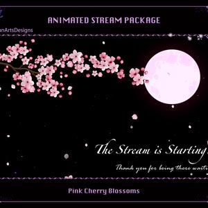 May include: Animated stream package with a pink cherry blossom branch and a full moon against a black background. The text "The Stream is Starting... Thank you for being there waiting!" is displayed in white. The text "Pink Cherry Blossoms" is displayed in pink at the bottom of the image.