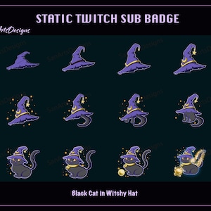 Insignia de suscripción de Twitch de gato negro con sombrero de bruja, insignia de suscripción de Twitch de sombrero de bruja de Halloween, insignia de suscripción de bit de gato brujo, insignia de suscripción de bit kawaii para transmisor