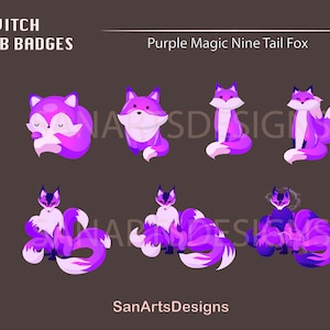 Magic Nine Tail Fox Twitch-submärken / Magic Purple Fox Twitch-submärken / Kawaii Moon-submärken för streamers, YouTubers, Discord, OBS