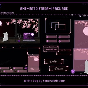 Animated Stream Package White Puppy by Sakura Window, Animated Twitch Overlays Falling Cherry Blossom for Streamers, OBS, Streamlabs, Trovo