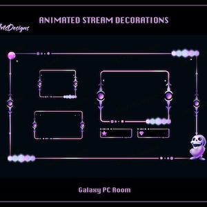 Op de afbeelding: Geanimeerde streamdecoraties met een galaxythema. Het ontwerp heeft een donkere achtergrond met paarse en roze accenten. De tekst "Animated Stream Decorations" en "Galaxy PC Room" is zichtbaar. Het ontwerp bevat verschillende rechthoekige frames en decoratieve elementen.
