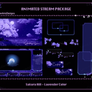 Animated Stream Package Lavender Sakura Hill, Animated Twitch Overlays Package Sakura Night for Streamer, OBS, Vtubers - Lavender Color