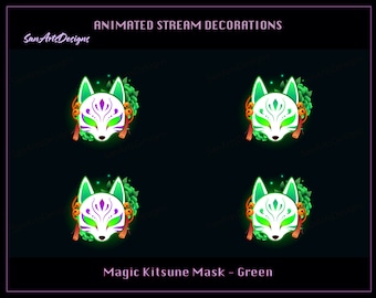 Neon Green Kitsune Mask Animated Stream Decorations, Neon Green Kitsune Mask Animated Stream Decorations for Streamers, OBS, StreamLabs