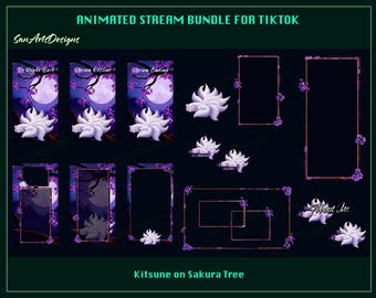 Pacote de Overlays Animados para Transmissão no TikTok: Raposa Branca em Árvore de Sakura, Overlays Animados para Streamers com Raposa Branca em Árvore de Sakura.