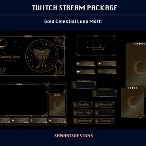 Paquete de transmisión animada GOLD Celestial Luna Moth, Superposición animada de Twitch GOLD Celestial Tarot Luna Moth para Streamer, OBS, Streamlabs