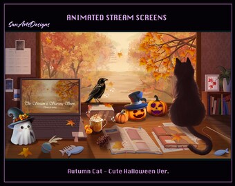 Black Cat by Halloween Autumn Window Animated Stream Screen Overlay, Halloween PC Room in Fall Twitch Overlays for Streamer, OBS, Streamlabs
