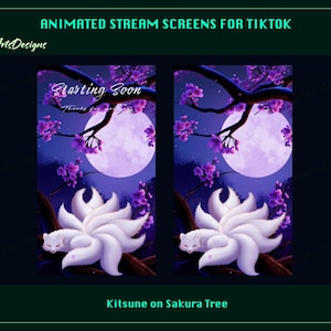 Animated TIKTOK Stream Overlays White Kitsune on Sakura Tree, Animated TIKTOK Overlays White Fox on Sakura Tree for Streamers