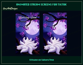Sobreposições animadas para transmissões do TikTok: Kitsune branca em uma cerejeira. Sobreposições animadas para streamers: Raposa branca em uma cerejeira.