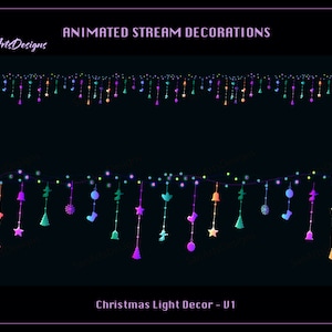 May include: Animated Christmas light string decor with a variety of colorful ornaments, including stars, bells, trees, and snowflakes. The text "Christmas Light Decor - V1" is at the bottom of the image.