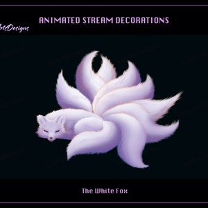 White Ice Nine Tail Fox Animated Stream Decorations, White Kitsune Animated Stream Decorations, White Kitsune Twitch Emote for Streamers
