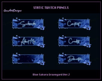 Puede incluir: Seis paneles de Twitch azules y blancos con un tema de cementerio de sakura azul. Los paneles están etiquetados como "Suscribirse", "Contacto", "Acerca de mí", "Créditos", "Donación" y "Cementerio de Sakura Azul Ver. 2".