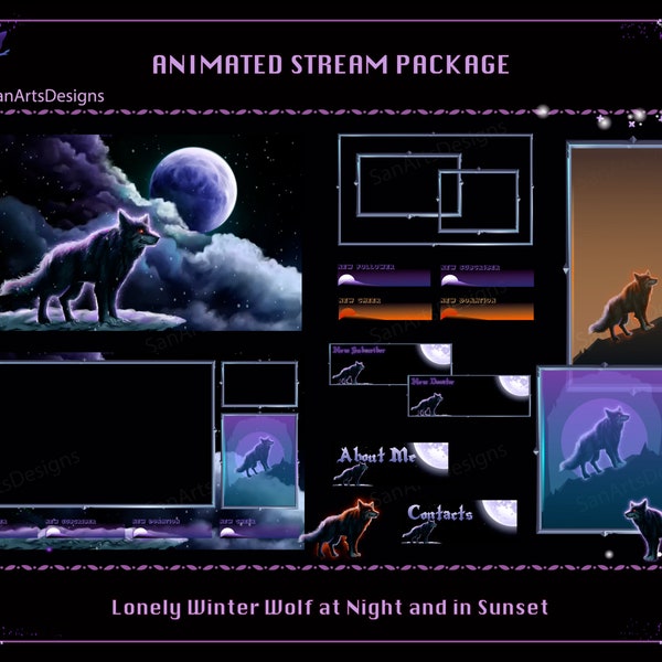 Animiertes Twitch Overlay Paket Einsamer Winter Wolf für Streamer, OBS, Vtubers, YouTuber, Streamlabs und andere