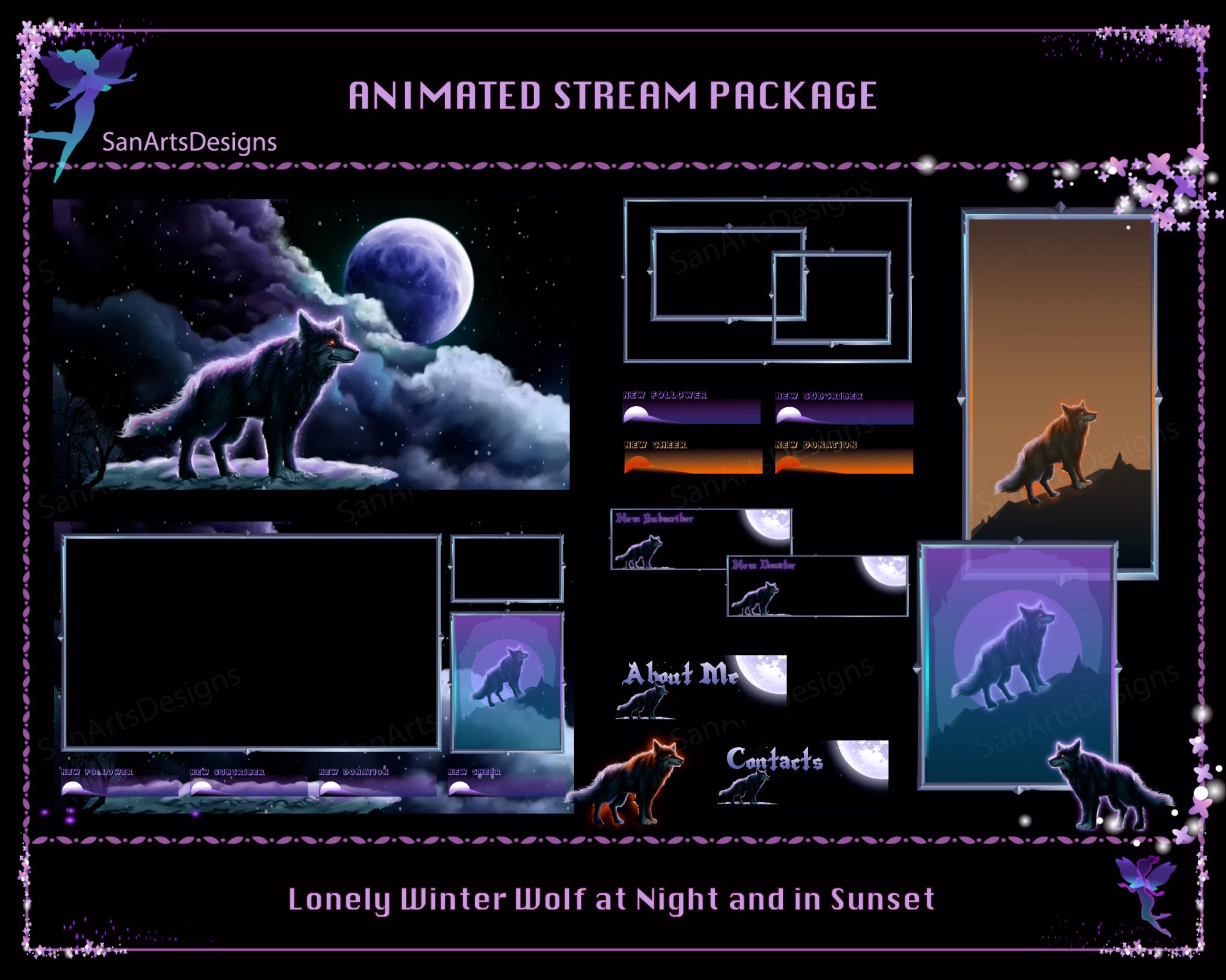Animated Stream Bundle Lonely Winter Wolf, Animated Twitch Overlay Package Lonely Wolf for Streamers, OBS, Vtubers, YouTubers, Streamlabs