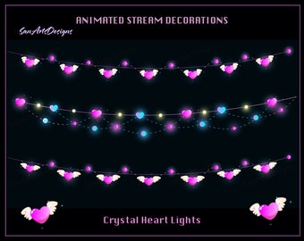 May include: Animated stream decorations featuring three rows of pink heart lights with white wings. Each row has a string of lights with small white bulbs. The bottom row has a single pink heart light with white wings. The text "Crystal Heart Lights" is below the lights.