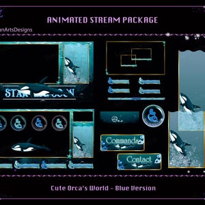 Könnte beinhalten: Animiertes Stream-Paket mit einem blauen und weißen Orca-Thema. Das Paket enthält einen Webcam-Rahmen, eine Chatbox, Benachrichtigungen und andere Elemente. Der Text "STAR" und "GOON" ist im Bild sichtbar.