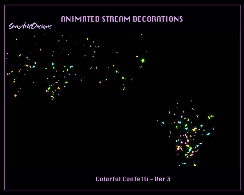 Puede incluir: Decoraciones animadas para stream con confeti de colores rosa, azul, verde y amarillo. El texto "Colorful Confetti - Ver 3" est&aacute; en la parte inferior de la imagen.