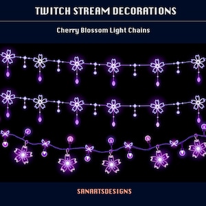 Könnte beinhalten: Drei Reihen von lila Kirschblüten-Lichterketten mit weißen Umrissen. Die Lichter sind auf einem schwarzen Draht aufgefädelt. Der Text "TWITCH STREAM DECORATIONS" und "Cherry Blossom Light Chains" befindet sich oben im Bild. Der Text "SANARTSDESIGNS" befindet sich unten im Bild.
