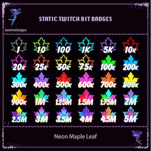 Neon Ahornblätter Twitch Bit Badges, bunte Ahornblatt Bit Badges, Kawaii Sub Bit Badges für Streamer