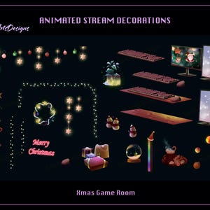 Könnte beinhalten: Animierte Stream-Dekorationen mit Weihnachtsthema. Das Bild zeigt verschiedene digitale Elemente, darunter funkelnde Sternlichter, einen Kranz und eine Frohe Weihnachten-Nachricht. Außerdem sind Tastaturen, Monitore und andere festliche Elemente für ein Spielzimmer zu sehen.