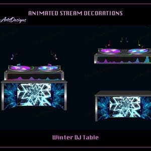 Könnte beinhalten: Animierte Stream-Dekorationen mit einem Winter-DJ-Tisch-Design. Das Bild zeigt ein DJ-Setup mit Plattenspielern, einem Sound-Equalizer und einer Schneeflocken-Grafik. Das Farbschema umfasst blaue, lila und silberne Akzente, mit schwebenden Noten.