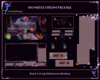 Animated Stream Overlay Package Black Cat by Halloween Window, Halloween PC Desk Animated Twitch Overlays for Streamers, OBS, Streamlabs