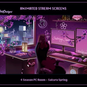 May include: A purple and pink animated stream screen with a city skyline view from a window, a gaming chair, a keyboard, a mouse, and a microphone. The screen displays the text "Starting Soon" and "Thanks for waiting". The image is titled "4 Season PC Room - Sakura Spring".