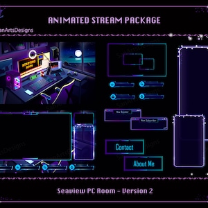 Peut inclure: Ensemble de diffusion Twitch animé avec un schéma de couleurs violet et bleu. Le pack comprend divers éléments, tels qu'une superposition de webcam, une boîte de discussion, une alerte de don et une alerte d'abonné. Le pack comprend également une scène avec une configuration informatique dans une pièce avec vue sur la mer.