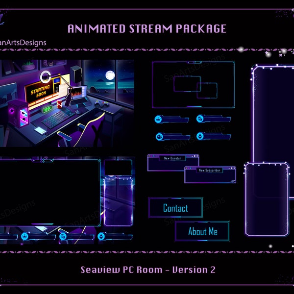 Animated Stream Package Seaview PC Set-up Room, Animated Twitch Overlay Package PC Room by the Sea for Streamers, OBS, Vtuber - Version 2
