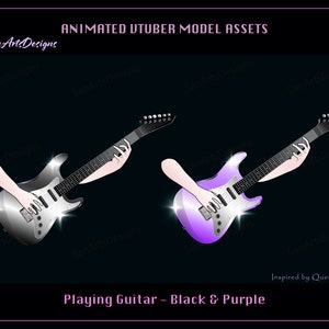 Könnte beinhalten: Animierte digitale Avatar-Modell-Assets zum Spielen einer E-Gitarre. Die Gitarre ist silber und lila. Der Text "Playing Guitar - Black & Purple" befindet sich am unteren Rand des Bildes. Der Text "Inspired by Queen_Metal" befindet sich unten rechts im Bild.