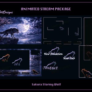 Puede incluir: Un paquete de transmisión animado con un tema azul oscuro y púrpura. El diseño presenta un lobo en un acantilado bajo la luna llena, con flores de cerezo. Incluye superposiciones para chat, nuevas donaciones y nuevos suscriptores. El texto incluye "Starting Soon" y "Contact".