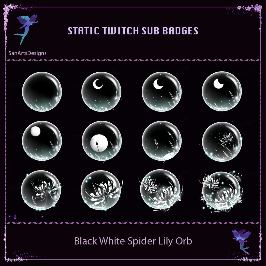 Black and White Spider Lily Orb Twitch Sub Badges, Black and White ...
