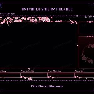May include: Animated stream package with a pink cherry blossom theme. The package includes a main screen, a new follower alert, a new subscriber alert, a new donation alert, and a new cheer alert. The package also includes a pink cherry blossom wreath.