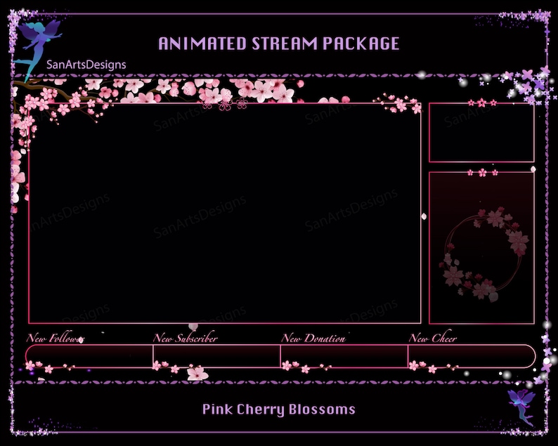May include: Animated stream package with a pink cherry blossom theme. The package includes a main screen, a new follower alert, a new subscriber alert, a new donation alert, and a new cheer alert. The package also includes a pink cherry blossom wreath.