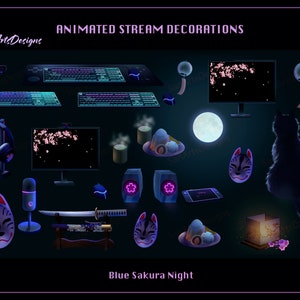 May include: Animated stream decorations for a blue sakura night theme. Includes a black cat, a moon, a microphone, headphones, a katana, a keyboard, a mouse, a monitor, a fox mask, a lantern, and a wind chime.
