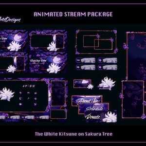 May include: Animated stream package with a purple and white theme. The package includes a starting soon screen, a chat box, a donation panel, and a panel for about me. The background features a white kitsune on a sakura tree.