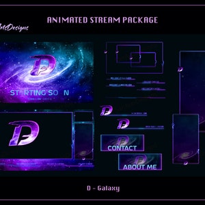 Paquete animado D Galaxy Stream, superposiciones de Twitch Galaxy con nombre, paquete de superposición D Galaxy Stream para streamers, superposición de Twitch con logotipo de nombre personalizado