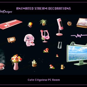 Könnte beinhalten: Animierte Stream-Dekorationen für einen süßen PC-Raum mit Stadtblick. Die Dekorationen umfassen eine rosa Tastatur, ein rosa Mikrofon, ein rosa Headset, ein rosa Stofftier, eine Topfpflanze, einen Stadtbild-Monitor, ein Neonlicht und andere süße Details.