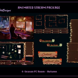 Geanimeerde streambundel pc-kamer herfst, geanimeerd twitch-overlay-pakket pc-kamer herfst, stadszicht geanimeerd twitch-overlay-pakket voor streamers
