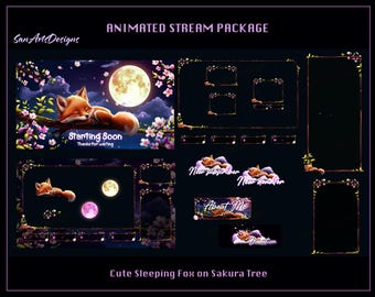 May include: Animated Twitch stream package featuring a cute sleeping fox on a pink cherry blossom tree branch under a full moon. The package includes a starting soon screen, a new subscriber alert, a new donator alert, an about me screen, and a donation screen.
