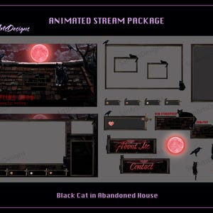Peut inclure: Ensemble de flux animé sur le thème de l'horreur. Comprend un chat noir sur un toit sous une lune rouge, avec des éléments supplémentaires tels que des cadres, des boutons et du texte "About Me" et "Contact".