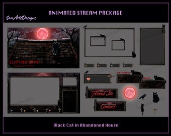 Black Cat in Abandoned House Animated Stream Bundle, Black Cat under Blood Moon Animated Twitch Overlay Package for Streamers, OBS