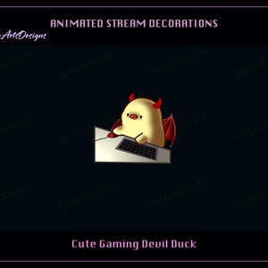 May include: Animated stream decoration featuring a cute devil duck character with red horns and wings, using a laptop. The image includes the text "ANIMATED STREAM DECORATIONS" and "Cute Gaming Devil Duck" on a black background.