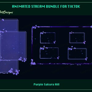 May include: Animated stream bundle for TikTok with a purple sakura hill theme. The bundle includes four frames with a purple and white floral design.