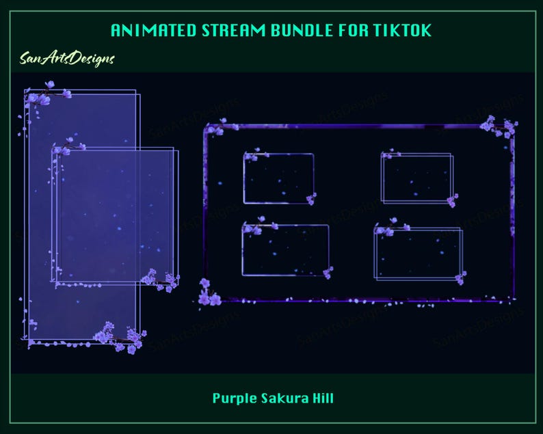 May include: Animated stream bundle for TikTok with a purple sakura hill theme. The bundle includes four frames with a purple and white floral design.