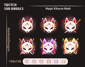 Kitsune Masks Twitch Sub Badges, Nine Tail Fox Masks Twitch Sub Badges, Kawaii Sub Bit Badges for Streamer, YouTuber, Discord, OBS