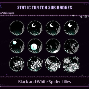 Black and White Spider Lilies Twitch Sub Badges, Black and White Spider Lily Twitch Sub Badges for Streamer, Vtuber, YouTuber, OBS, Chat