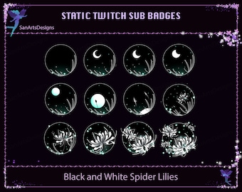 Schwarz und weiße Spinnen Lilien Twitch Sub Badges, Schwarz und weiße Spinnen Lilien Twitch Sub Badges für Streamer, Vtuber, YouTuber, OBS, Chat